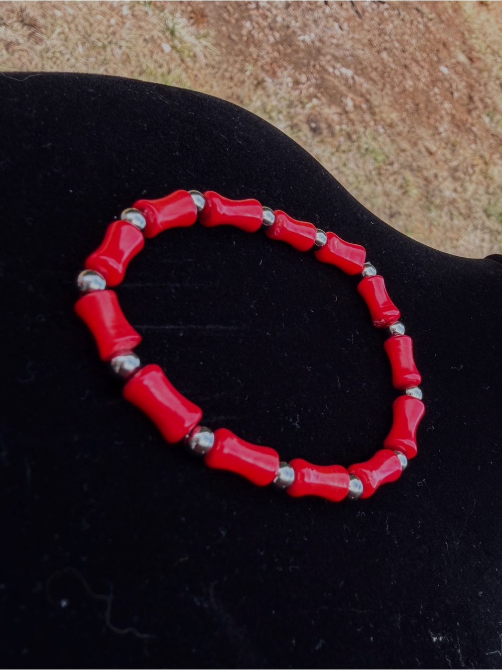 Red Coral & Stainless Steel Pearl Stretch Bracelet
